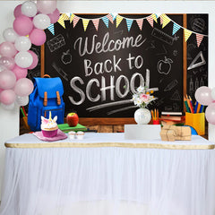Lofaris Willkommen zum Schulanfang Hintergrund mit Tafel und Schulmaterialien, bunte Fotokulisse für Einschulungsfeier und Fotoshooting