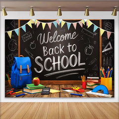 Lofaris Willkommen zum Schulanfang Hintergrund mit Tafel und Schulmaterialien, bunte Fotokulisse für Einschulungsfeier und Fotoshooting