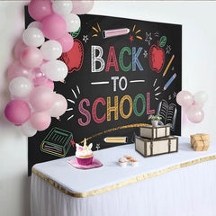 Lofaris Bunter Schulanfangshintergrund in Kreide-Optik mit Äpfeln und Bleistiften, lehrreiche Fotowand für Schulfeiern und Fotoshootings