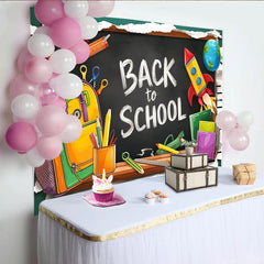 Lofaris Bunter Einschulungshintergrund mit Tafel Schulranzen Back to School, fröhliche Schulanfang Kulisse für Fotostudio und Partydekoration