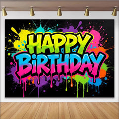 Lofaris Vibranter Neon Happy Birthday Hintergrund mit bunten Farbspritzern, moderne Partydekoration für Fotoshooting und Feier