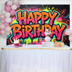 Lofaris Leuchtender Neon Happy Birthday Hintergrund im Graffiti-Stil, moderne Fotowand für lebendige Partydekoration