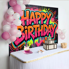 Lofaris Leuchtender Neon Happy Birthday Hintergrund im Graffiti-Stil, moderne Fotowand für lebendige Partydekoration