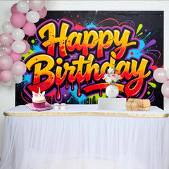 Lofaris Bunter Graffiti Happy Birthday Hintergrund mit Farbspritzern, moderne Kulisse für lebendige Partydekoration und Fotoshooting