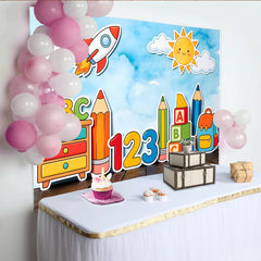 Lofaris Bunter Schulanfang Einschulungshintergrund mit ABC Zahlen und Rakete, fröhliche Lern-Kulisse für Kinderfotografie