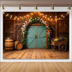 Lofaris Rustikaler Scheunen-Fotohintergrund mit Blumenbogen und Lichterketten, charmante Kulisse für Hochzeiten und Eventfotografie