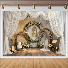 Lofaris Eleganter Blumen Hochzeitshintergrund mit Rosen und Kirchenfenster, stilvolle Kulisse für romantische Hochzeitsfotos