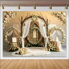 Lofaris Romantischer Hochzeitshintergrund mit Bogen und floralen Rosen, elegante Kulisse für Hochzeitsfotos und Eventdekoration