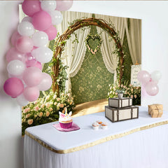 Lofaris Floraler Hochzeitsbogenhintergrund mit Rosen und weißen Vorhängen, elegante Kulisse für romantische Fotoshootings