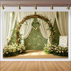 Lofaris Floraler Hochzeitsbogenhintergrund mit Rosen und weißen Vorhängen, elegante Kulisse für romantische Fotoshootings