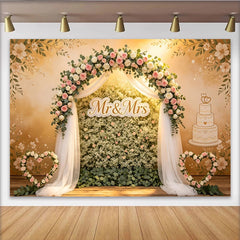 Lofaris Romantischer Hochzeitshintergrund Blumenbogen Mr & Mrs Schild, elegante Kulisse mit rosa weißen Rosen für Hochzeitsfeier Fotostudio