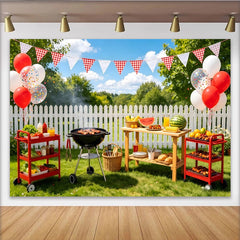 Lofaris Fröhlicher Sommer Grillparty-Hintergrund mit Ballons und Wimpelketten, perfekte Fotokulisse für Gartenfeste und Outdoor-Events
