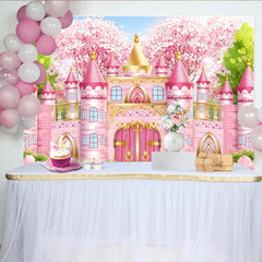Lofaris Rosa Prinzessinnenschloss Fotohintergrund mit Kirschblüten, wunderschöne Kulisse für Kinder Fotoshooting und Partydekoration