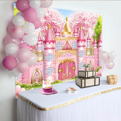Lofaris Rosa Prinzessinnenschloss Fotohintergrund mit Kirschblüten, wunderschöne Kulisse für Kinder Fotoshooting und Partydekoration