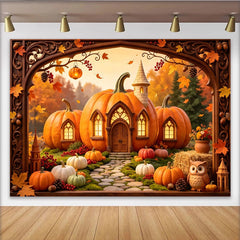 Lofaris Märchenhafter Herbst-Kürbishaus Hintergrund mit leuchtenden Fenstern, gemütliche Dekoration für Herbstfest und Fotoshooting
