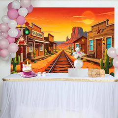 Lofaris Cartoon Wildwest-Hintergrund mit Eisenbahn und Saloon, Wüstenlandschaft Fotokulisse für Kinderparty und Fotoshooting