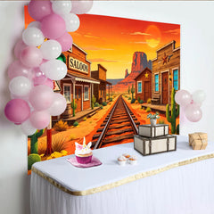 Lofaris Cartoon Wildwest-Hintergrund mit Eisenbahn und Saloon, Wüstenlandschaft Fotokulisse für Kinderparty und Fotoshooting