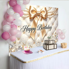 Lofaris Eleganter Happy Birthday Hintergrund mit goldener Schleife und Perlen, luxuriöse Fotowand für festliche Anlässe und Fotoshootings