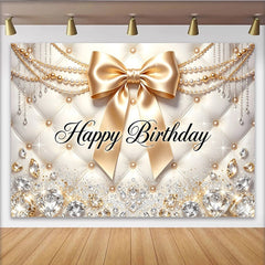 Lofaris Eleganter Happy Birthday Hintergrund mit goldener Schleife und Perlen, luxuriöse Fotowand für festliche Anlässe und Fotoshootings