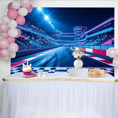 Lofaris Dynamischer Rennstrecken-Hintergrund mit leuchtenden Neonlichtern und Ziellinie, futuristische Fotokulisse für Sportevents