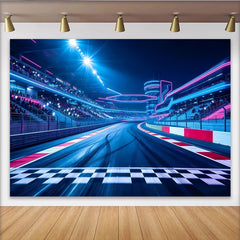 Lofaris Dynamischer Rennstrecken-Hintergrund mit leuchtenden Neonlichtern und Ziellinie, futuristische Fotokulisse für Sportevents