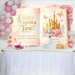 Lofaris Rosa Märchenbuch-Geburtstagshintergrund mit Schloss und Blumen für Mädchen, verträumte Prinzessinnen-Kulisse für Fotoshooting
