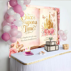 Lofaris Rosa Märchenbuch-Geburtstagshintergrund mit Schloss und Blumen für Mädchen, verträumte Prinzessinnen-Kulisse für Fotoshooting