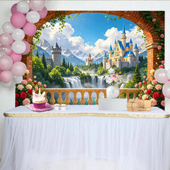 Lofaris Romantischer Märchenschloss-Landschaftsfotohintergrund mit Rosen und Bergen, Kulisse für Fotostudio und Eventdekoration