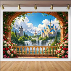 Lofaris Romantischer Märchenschloss-Landschaftsfotohintergrund mit Rosen und Bergen, Kulisse für Fotostudio und Eventdekoration