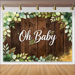 Lofaris Rustikaler Oh Baby Babyparty Hintergrund mit Eukalyptus und Holzoptik, grüne Blätter Fotowand für Neugeborenen-Fotoshooting