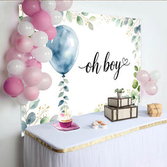 Lofaris Blauer Ballon Eukalyptus Jungen Babyparty Hintergrund Oh Boy, zarte Blätter und goldene Sprenkel Fotowand für Baby Shower Dekoration