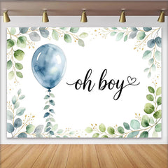 Lofaris Blauer Ballon Eukalyptus Jungen Babyparty Hintergrund Oh Boy, zarte Blätter und goldene Sprenkel Fotowand für Baby Shower Dekoration
