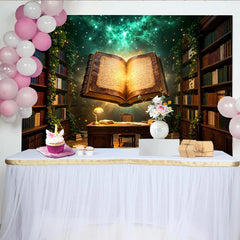 Lofaris Magische Bibliotheks-Hintergrund mit leuchtendem Buch und Sternenhimmel, verzaubernde Kulisse für professionelle Fotografie und Events