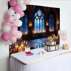 Lofaris Dunkler Mystischer Kirchenfenster Fotohintergrund mit Kerzen und Bögen, elegante Kulisse für professionelle Fotoshootings und Events