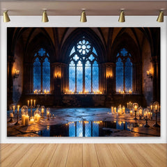 Lofaris Dunkler Mystischer Kirchenfenster Fotohintergrund mit Kerzen und Bögen, elegante Kulisse für professionelle Fotoshootings und Events