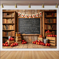 Lofaris Rustikaler Einschulung Hintergrund mit Holzregalen, Tafel und Apfelbanner, Vintage Schulzimmer Kulisse für Fotostudio