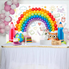 Lofaris Bunter Regenbogen Schul-Fotohintergrund mit Büchern und Bleistiften, fröhliche Lernkulisse für Kinderfotos und Schulanfang