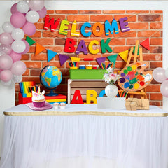 Lofaris Bunter "WELCOME BACK" Schulanfangshintergrund mit ABC und Büchern, Ziegelwand-Fotokulisse für Schulbeginn und Party