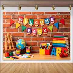 Lofaris Bunter Schulanfangshintergrund mit Welcome Back Banner, Büchern und Stiften, ideale Fotowand für Klassenzimmer und Einschulungsfeier