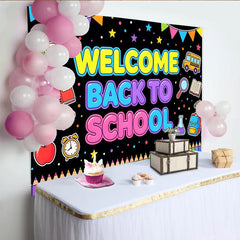 Lofaris Bunter Schulanfang Hintergrund mit Schulbus und Willkommen Text, fröhliche Fotowand für Einschulungsfeier und Klassenzimmer