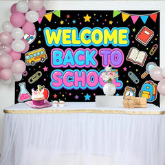 Lofaris Bunter Schulanfangshintergrund mit Schulbus und Büchern, fröhliche Fotowand für Klassenzimmerdekoration und Fotoshooting