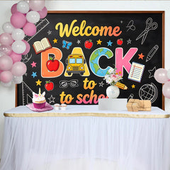 Lofaris Bunter Schulanfangshintergrund mit Tafel Schulbus und Büchern, fröhliche Fotowand für Klassenzimmer und Schulfest Dekoration