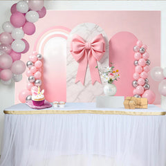 Lofaris Rosa Schleifenballon-Fotohintergrund mit Regenbogen und Marmor, elegante Kulisse für Babyparty Geburtstag und Fotoshooting
