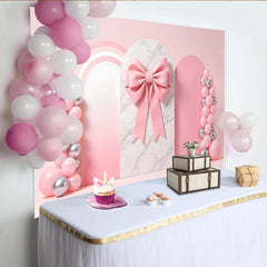 Lofaris Rosa Schleifenballon-Fotohintergrund mit Regenbogen und Marmor, elegante Kulisse für Babyparty Geburtstag und Fotoshooting