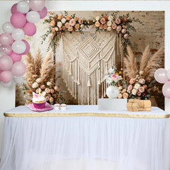 Lofaris Boho Makramee Fotohintergrund mit Pampasgras und Rosen, rustikale Kulisse für Fotoshooting und Eventdekoration