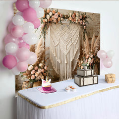 Lofaris Boho Makramee Fotohintergrund mit Pampasgras und Rosen, rustikale Kulisse für Fotoshooting und Eventdekoration