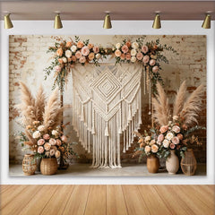 Lofaris Boho Makramee Fotohintergrund mit Pampasgras und Rosen, rustikale Kulisse für Fotoshooting und Eventdekoration
