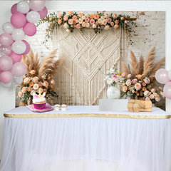 Lofaris Boho Makramee Blumen Fotohintergrund mit Pampasgras und Rosen, elegante Kulisse für Hochzeiten und Babypartys