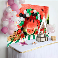 Lofaris Sommerlicher Wassermelonen-Geburtstagshintergrund mit bunten Luftballons, fröhliche Fotowand für Kinderparty und Fotoshooting
