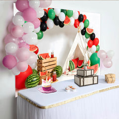 Lofaris Wassermelonen-Geburtstagshintergrund mit bunten Luftballons und Zelt, fröhliche Sommerparty Fotowand für Kinderfotos